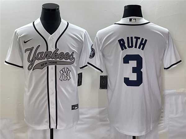 Men%27s New York Yankees #3 Babe Ruth White With Patch Cool Base Stitched Baseball Jersey->new york yankees->MLB Jersey